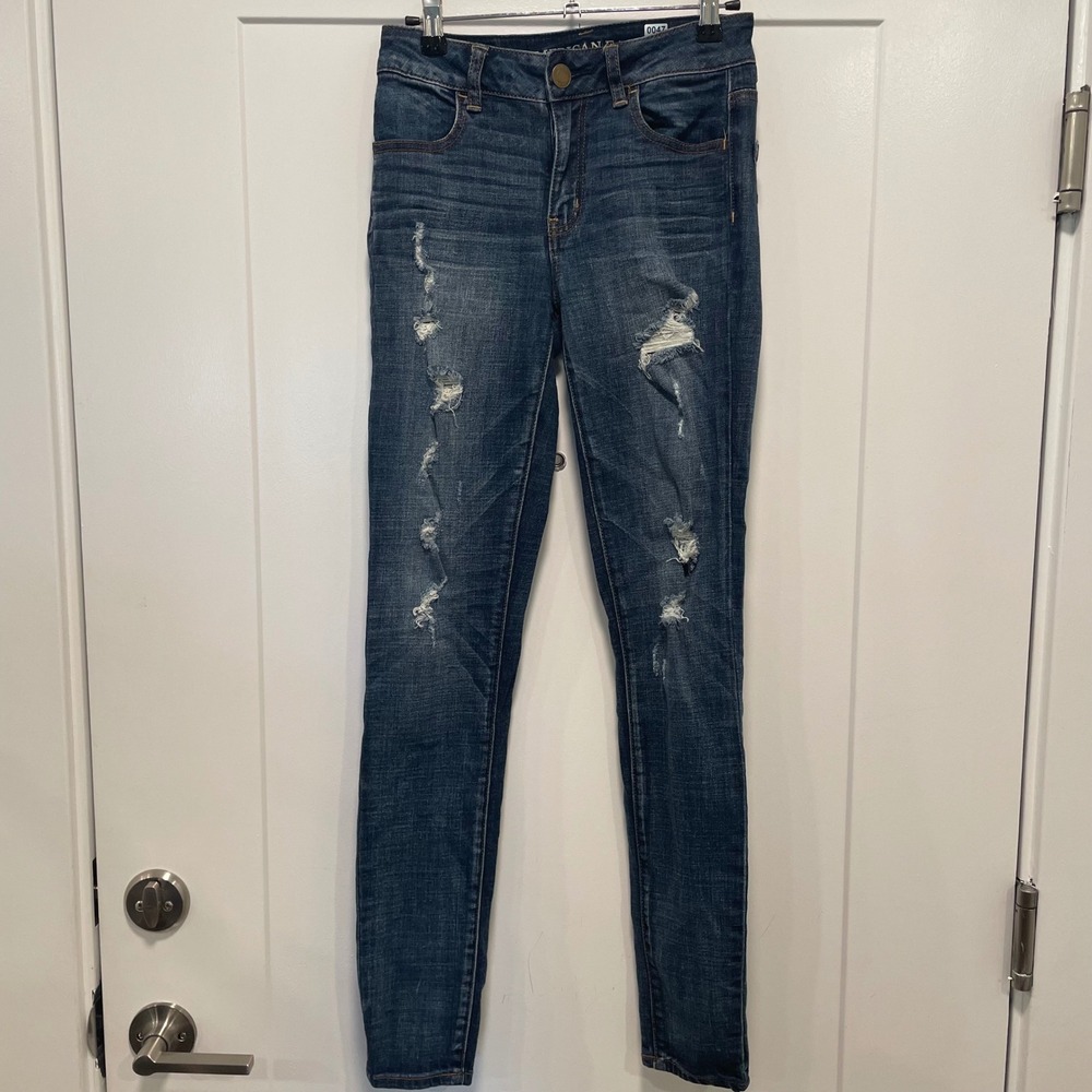 American Eagle Hi-Rise Jegging‎ Dark Wash Distressed Ripped Skinny Jeans 00R